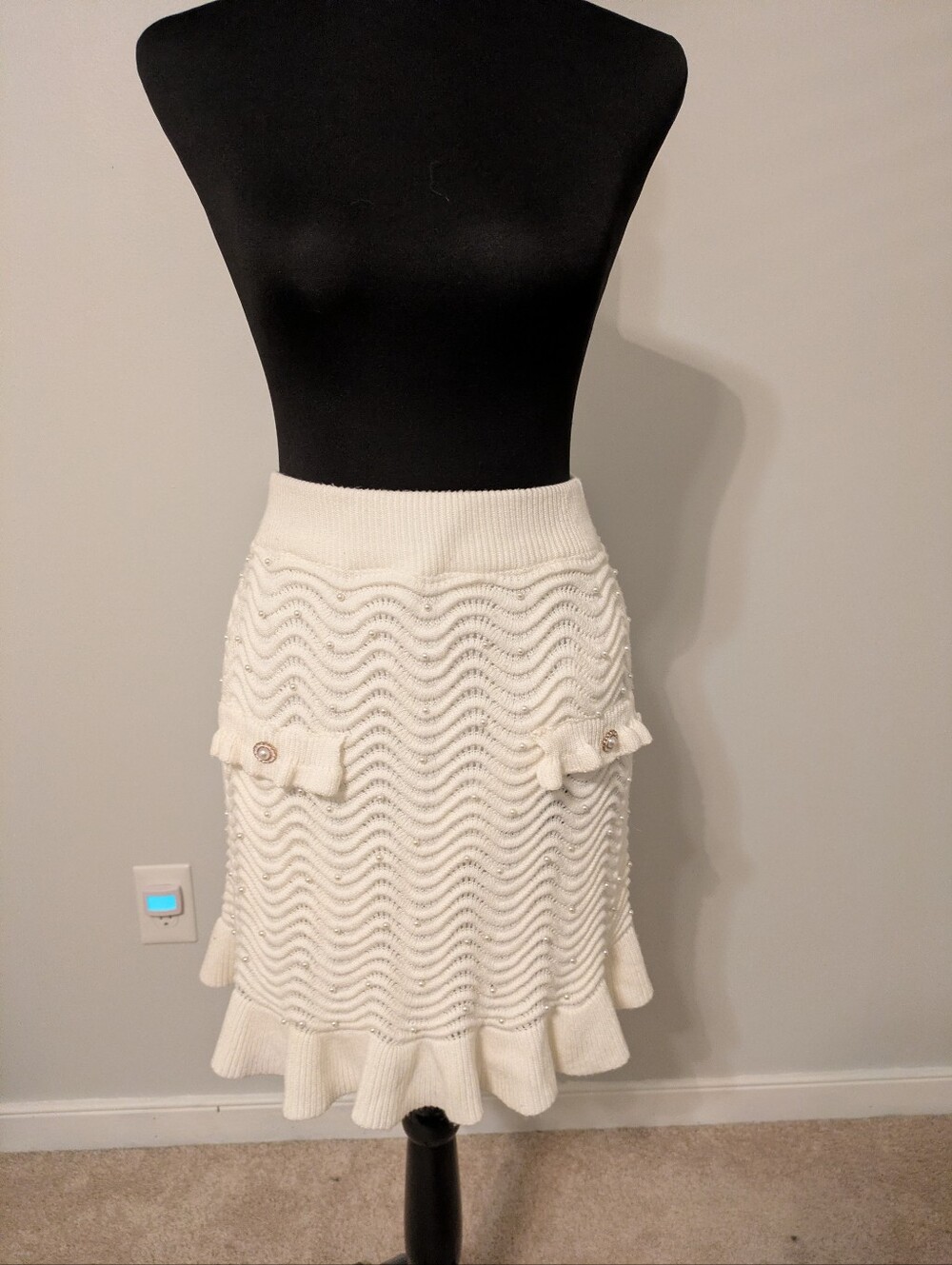 Ontwelfth Cream Knit Midi Skirt with Wave Texture And Pearl Detail Ruffle Hem